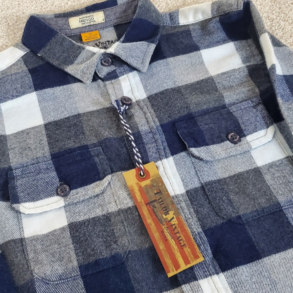 Tailor Vintage Flannel Shirt Boys 10 Blue Grey Plaid Button Down Indigo NWTG